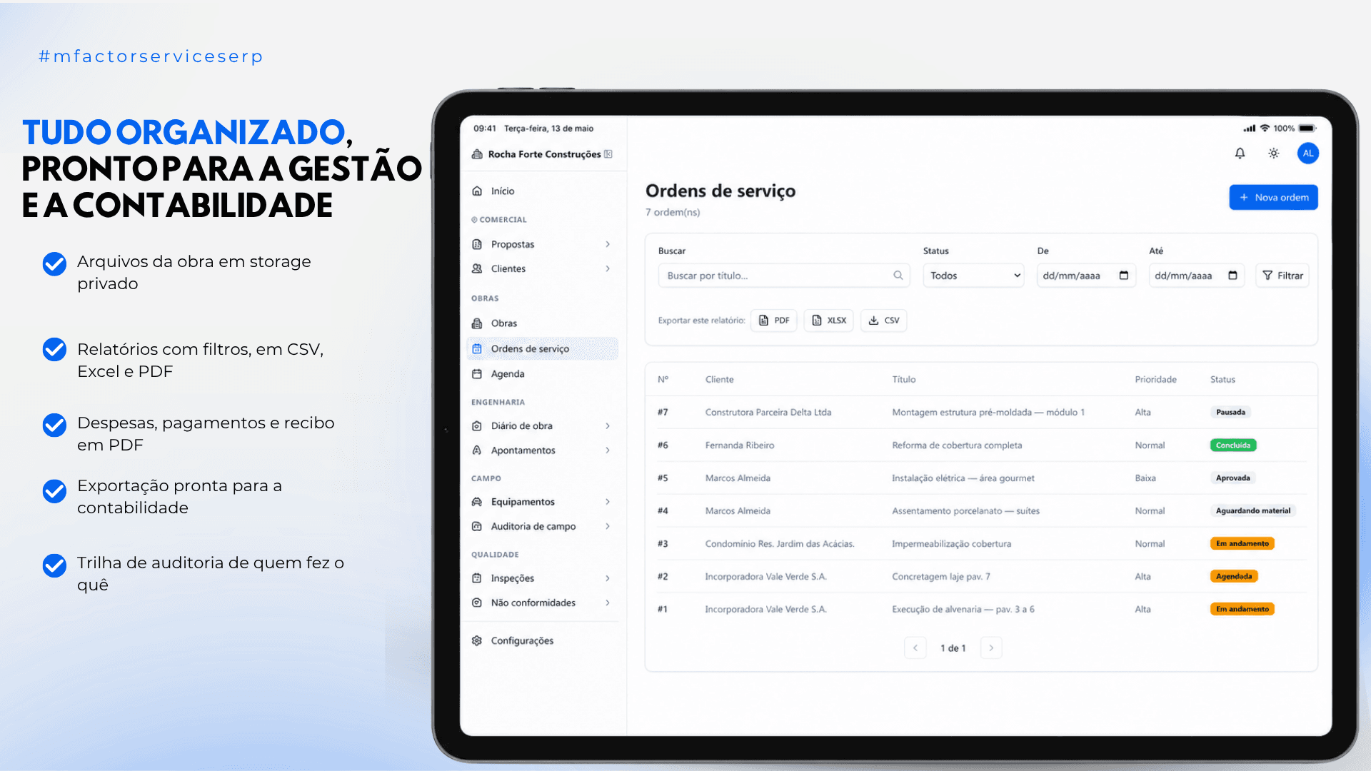 Lista de ordens de serviço com busca, filtro por status e período, e exportação do relatório em PDF, XLSX e CSV, pronta para a gestão e a contabilidade.
