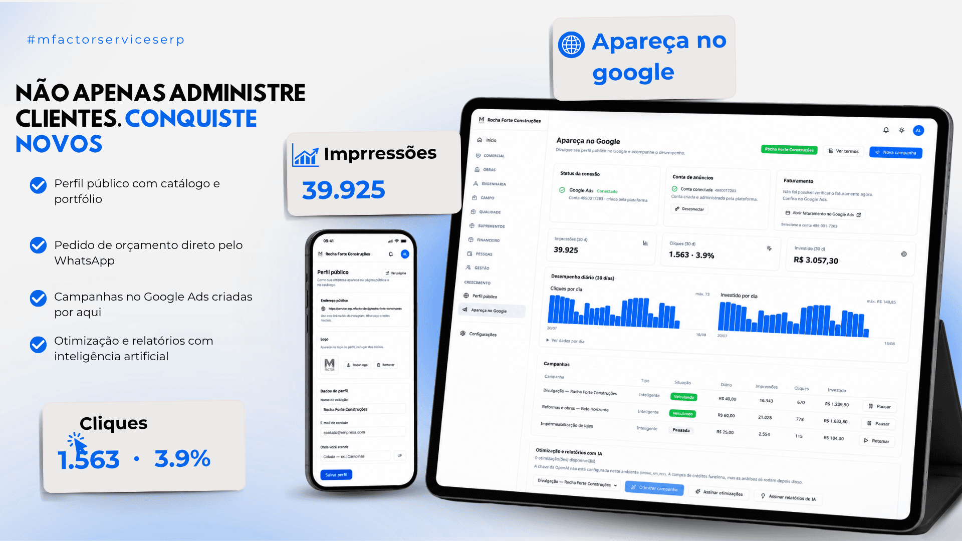 Crescimento: perfil público com catálogo e portfólio, pedido de orçamento por WhatsApp e a tela Apareça no Google com impressões, cliques e campanhas do Google Ads.